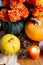 Aerial view of pumpkins, candle and orange flowers on antique chair,