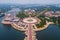 Aerial view of Putra mosque with garden landscape design and Putrajaya Lake, Putrajaya. The most famous tourist attraction in