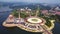 Aerial view of Putra mosque with garden landscape design and Putrajaya Lake, Putrajaya. The most famous tourist attraction in