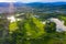 Aerial view putting green and beautiful turf golf course