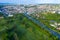 Aerial view putting green and beautiful turf golf course