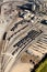 An aerial view of railroad tanker and hopper cars.