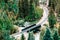 Aerial view of railroads in the forest with green spruce trees in Colorado