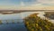 Aerial view on railway bridge above Monastic island and Dnieper