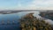 Aerial view on railway bridge above Monastic island in Dnipro city.
