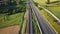 Aerial view, railway and road in rural landscape.