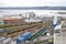 aerial view of the railway station dedicated to San Diego freight traffic located next to the port of A Coruna. Wagons loaded with