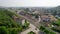 Aerial view of a railway station in a town in northern Italy.