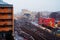 Aerial view of railway station in Uppsala, Sweden at sunset