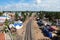 Aerial view of railway track in Pamban village, Rameshwaram, India.