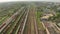 Aerial view of the railway tracks aerial landscape. Suburban railroad rails aerial view