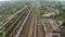 Aerial view of the railway tracks aerial landscape. Suburban railroad rails aerial view