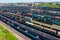 Aerial view of railways lines and freight trains of the station. It is major railway station and