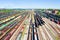 Aerial view of railways lines and freight trains of station. It is major railway station and transportation hub