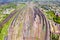 Aerial view of railways lines and freight trains of station. It is major railway station and transportation hub