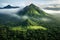 An aerial view of rainforest and volcano mountains. Outdoor travel concept.