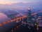 Aerial view of Rama 9 Bridge and Chao Phraya River in structure