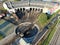 Aerial view of the reconstructed railway steam depot. Panoramic view of the urban landscape from the drone on a sunny day