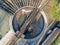 Aerial view of the reconstructed railway steam depot. Panoramic view of the urban landscape from the drone on a sunny day