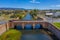 Aerial view of the red bridge in Campbell town in Tasmania, Australia