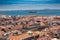 Aerial view of red roofs of Alfama and the River Tagus, Lisbon,