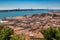 Aerial view of red roofs of Alfama and the River Tagus, Lisbon,