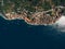 Aerial view of the red roofs of the ancient town of Perast. Montenegro