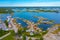 Aerial view of red timber boat houses at Svedjehamn in Finland