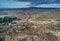 Aerial view region Murcia, countryside area, agricultural fields and meadows, cloudy sky. Spain