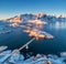 Aerial view of Reine and Hamnoy at sunset in winter