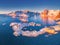 Aerial view of Reine and Hamnoy at sunset in winter