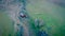 Aerial view of a remote wilderness cabin on a grassy slope