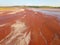 Aerial view of a reservoir full of red toxic sludge