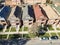 Aerial view residential area with row of townhomes and bright fa