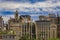 Aerial view of residential and office buildings in the iconic skyline in Midtown Manhattan on a cloudy day, New York USA