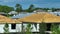 Aerial view of residential private home with wooden roofing structure under construction in Florida quiet rural area