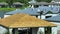 Aerial view of residential private home with wooden roofing structure under construction in Florida quiet rural area