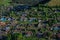 Aerial view of residential rural neighborhood area. House roofs
