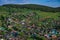 Aerial view of residential rural neighborhood area. House roofs