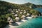 Aerial view of a resort built entirely of sustainable materials, woven bamboo huts dotting the hillside, overlooking turquoise