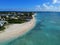 Aerial view of the resorts along the shore with private white beaches near Grand Turk, Turks & Caicos