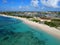 Aerial view of the resorts along the shore with private white beaches near Grand Turk, Turks & Caicos