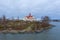 Aerial view of restaurant saaristo on Luoto island, in the city of Helsinki, in Helsingfors, Uusimaa, Finland