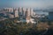 Aerial view of a retro style traditional Chinese pagoda tower, Jimei Tower in the Civic Park in Jimei District and city skyline