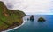 Aerial view of Ribeira da Janela volcanic sea stacks in Madeira island, Portugal