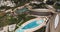 Aerial view of rich Mriya resort. Swimming pool, tennis courts, helicopter pad