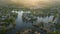 Aerial view of rich suburban neighbourhood of Calabasas Lake, Los Angeles, USA