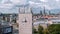 Aerial view of the Riga central train station tower with name of the city and clock.