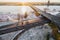 Aerial view of Riga elevated road junction and interchange overpass at winter sunset time