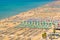 Aerial view of Rimini beach with people and blue water. Summer vacation concept.